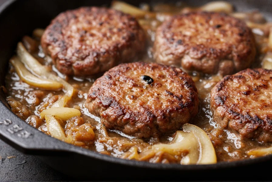 Close-up of perfectly browned hamburger meat sizzling in cast iron skillet with onions and garlic