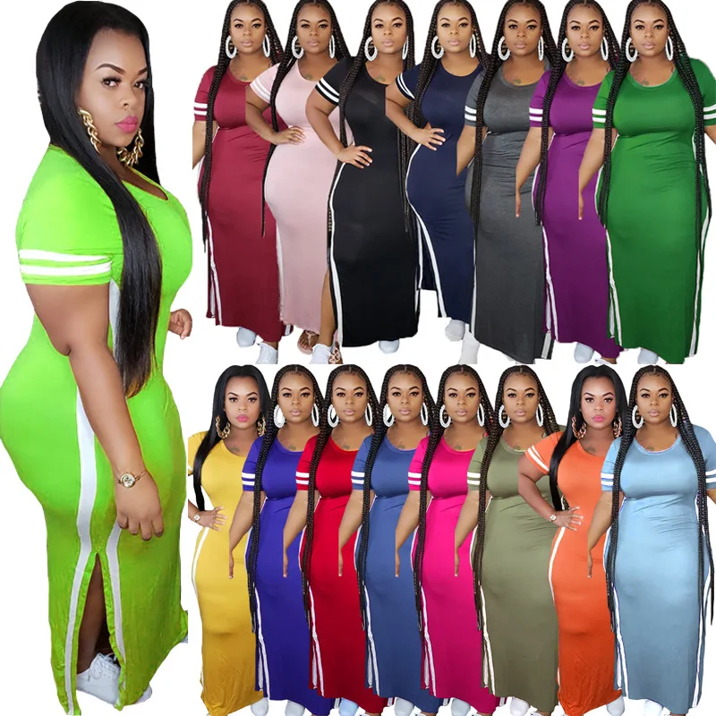 

2021 Split A-linel Skirt Solid Color Bodycon Sun Dress Long Maxi Plus Size Dresses Casual Dress 2021, As pictures
