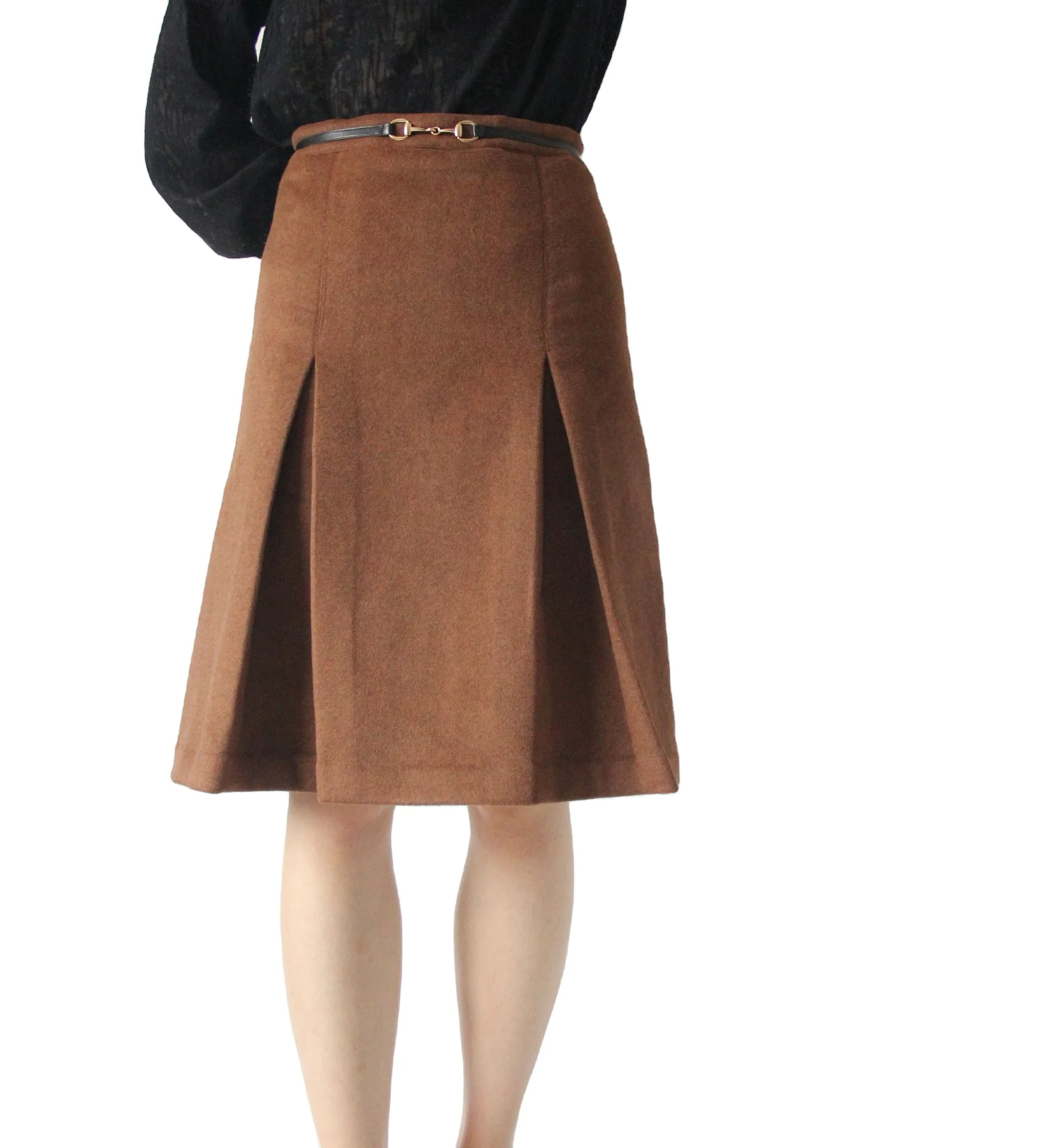 

A Line Casual Winter Midi Wool Belted Women Skirts Pleated, Shown