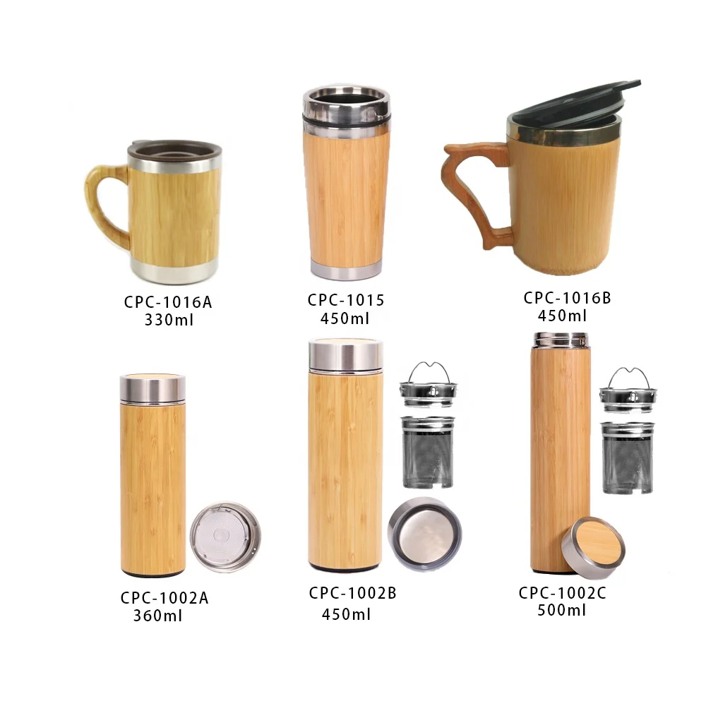 

No minimum double wall natural bamboo stainless steel water bottle thermos coffee mug cup with lid, Customized color