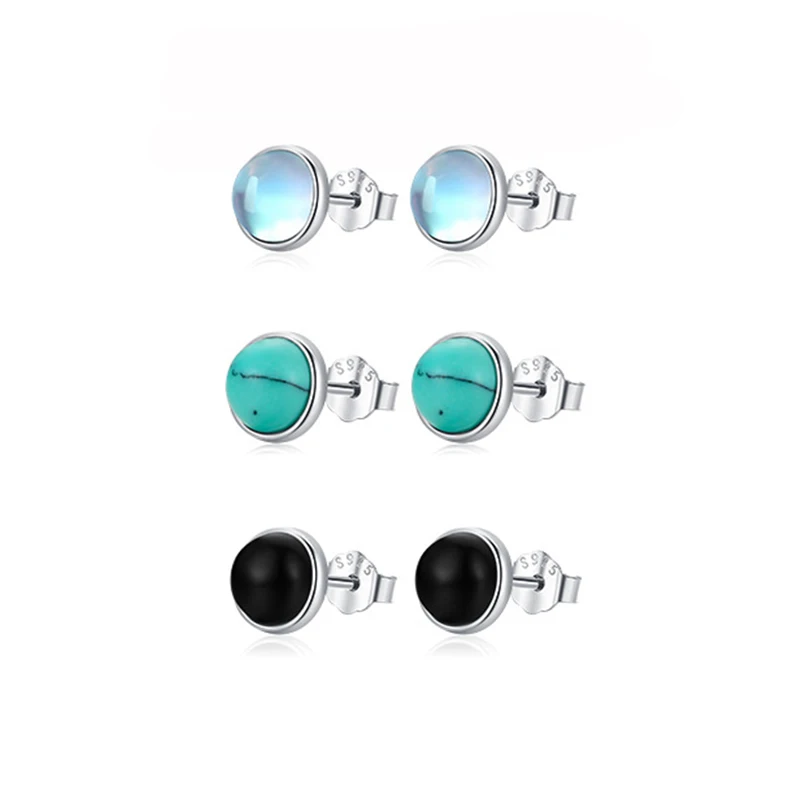 

Fashion Fine Jewelry 925 Sterling Silver Black Agate Moonstone Turquoise Stud Earrings for Women