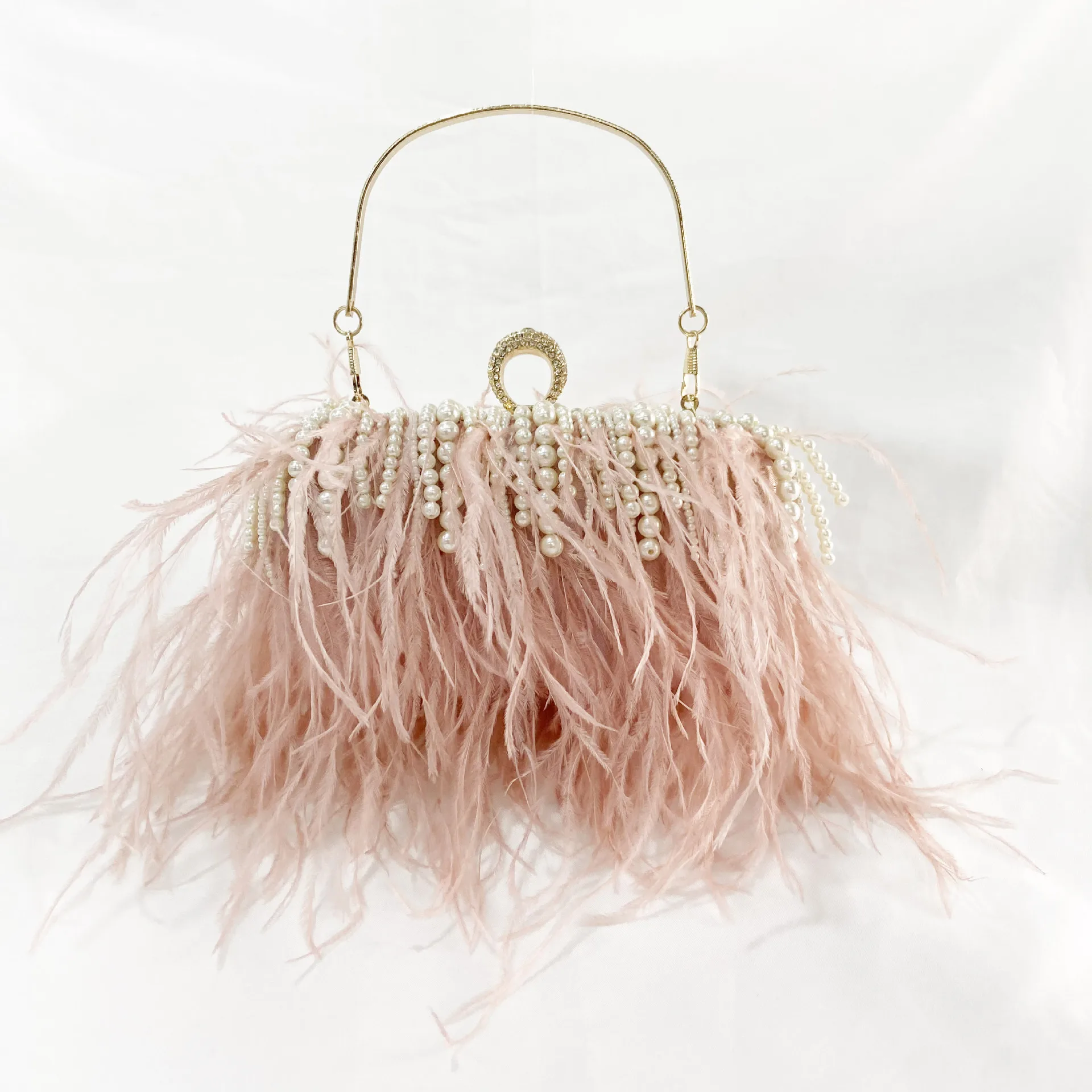 

New Vintage Feather Dinner Bag Celebrity Fur Hand Held Banquet Evening Bag Pearl Chain Feather Bag