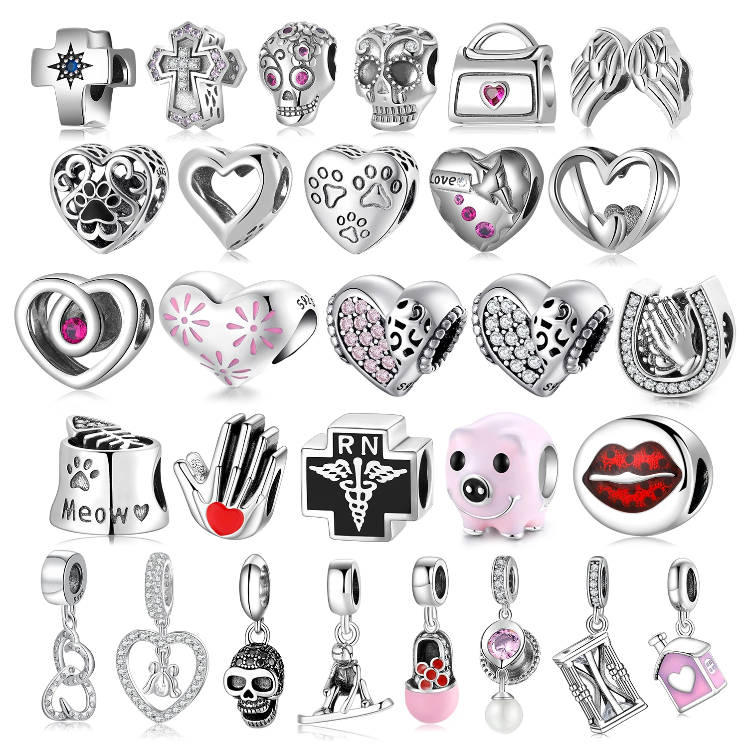 

Real 925 Sterling Silver Skeleton & Animal Enamel Charms Heart shape beads with CZ Pendant for Women Jewelry Bracelet Fashion