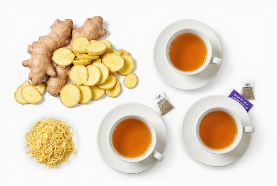 Various ginger tea preparation methods showing fresh ginger slices, grated ginger, and tea bags in mugs