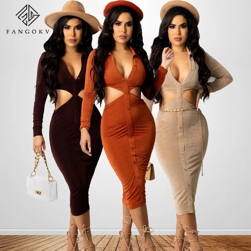 

New Arrival Long Sleeve Hollow Out Deep V Neck 2021 Womens Clothing Bodycon Dress, 4 colors