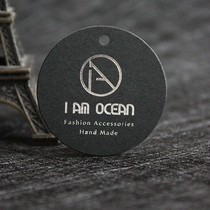 

luxury recycled printing round circle hang tags black paper swing hang tag custom silver foil logo clothing tags, White, black, blue, red or custom color
