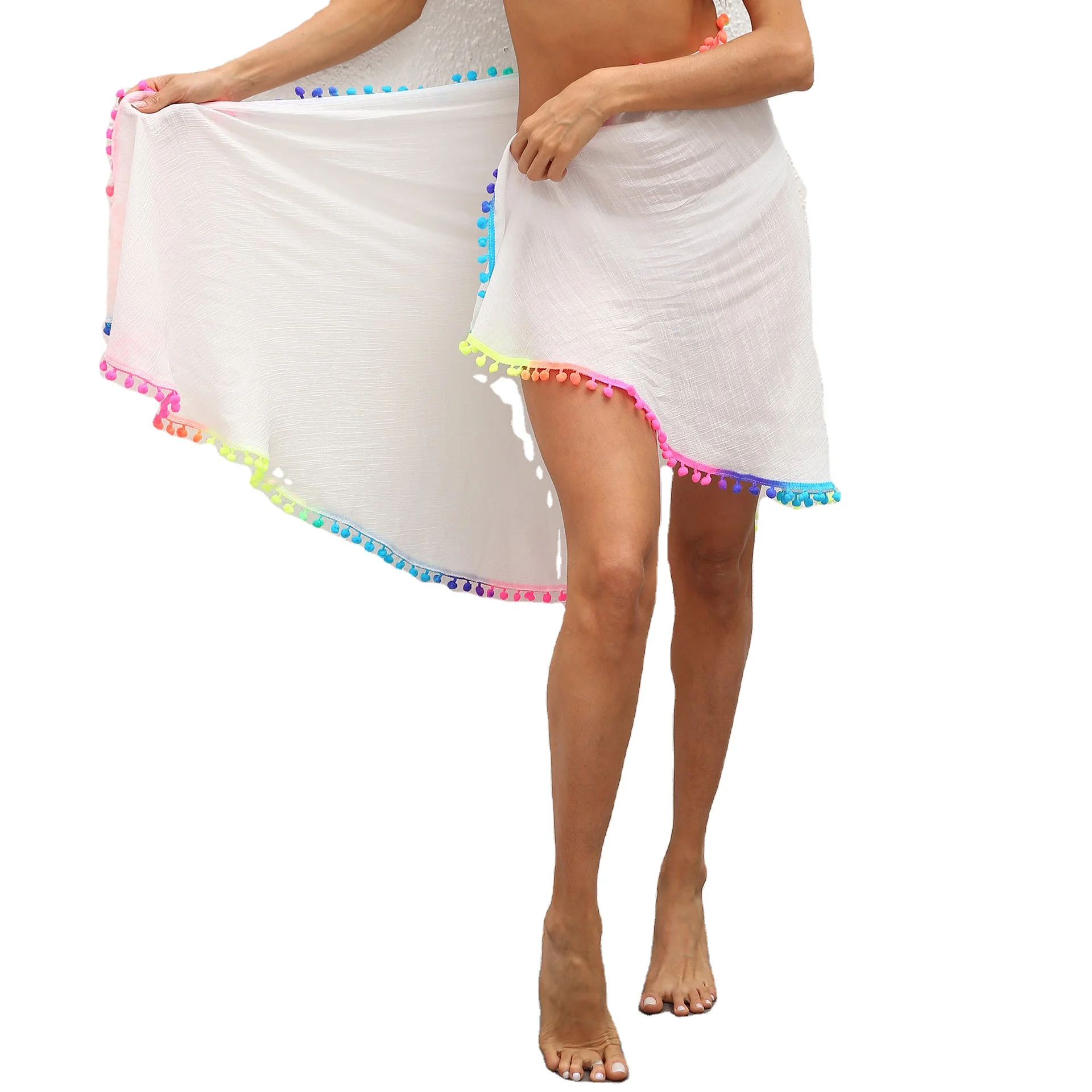 

Sexy Tassel Bikini Cover Up Wrap Skirt Women Solid Pareo Beach Sarong Beachwear Colorful-ball Cover-ups Swimsuit Woman 2021 NEW