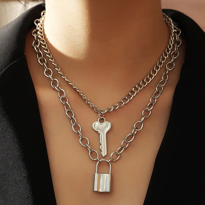 

New Design Jewelry Gift Metal Key Lock Chain Necklace Charm Multilayer Lock Pendants Necklaces Hot sale products