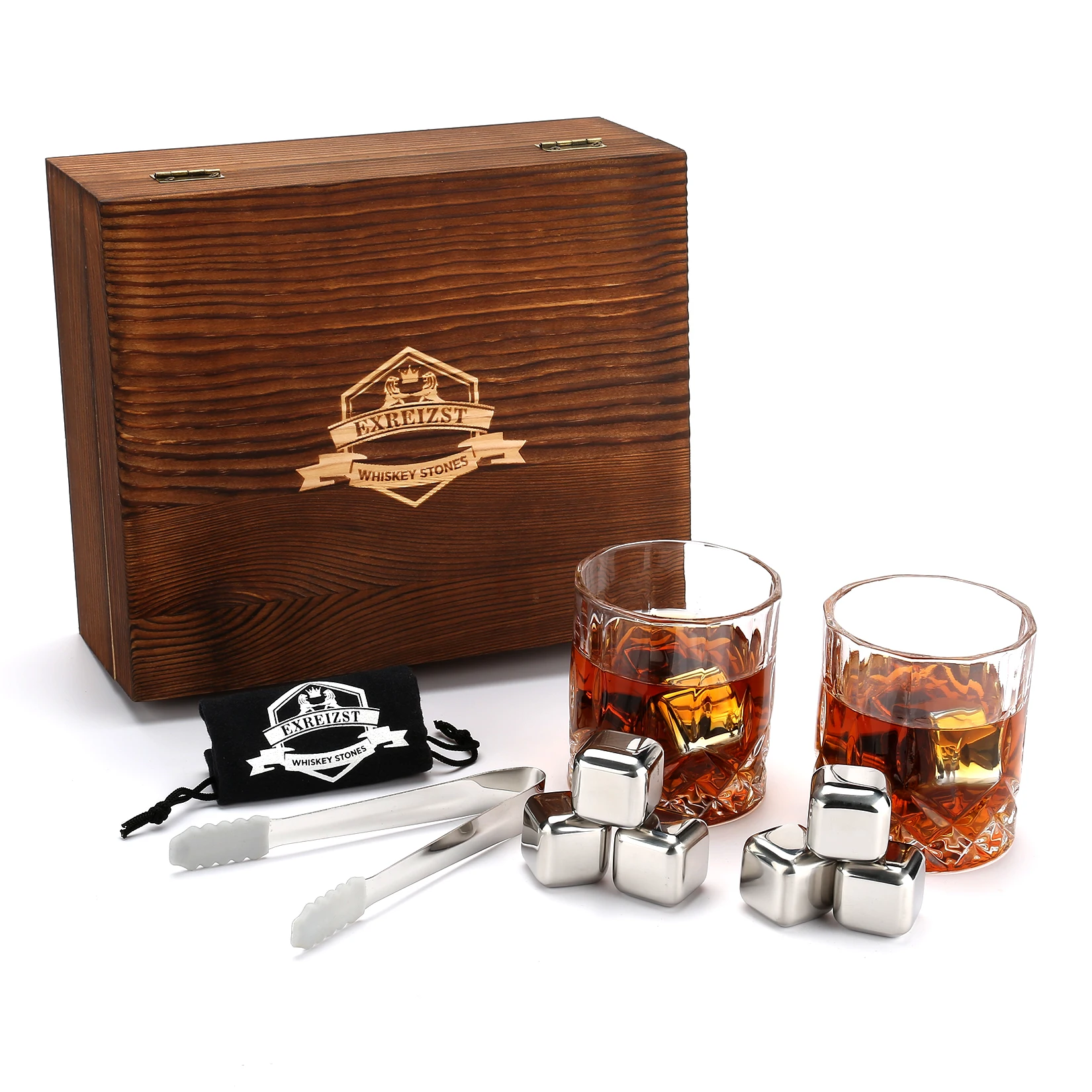 

Whiskey Gift Set Stainless Steel Stones Ice Cubes Whiskey Glasses Of 2 in Wooden Box Gift Set Best Drinking Gifts For Him