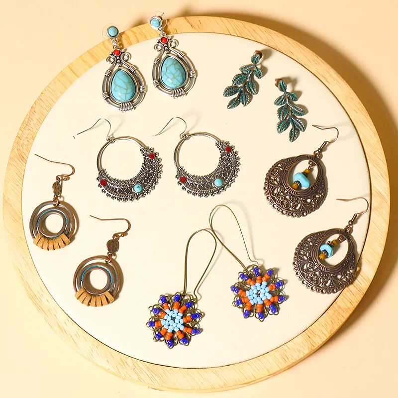 

Boho Vintage Earrings Leaf Drop Shape Handmade Rice Beads Woven Turquoise Earrings, Multicolor