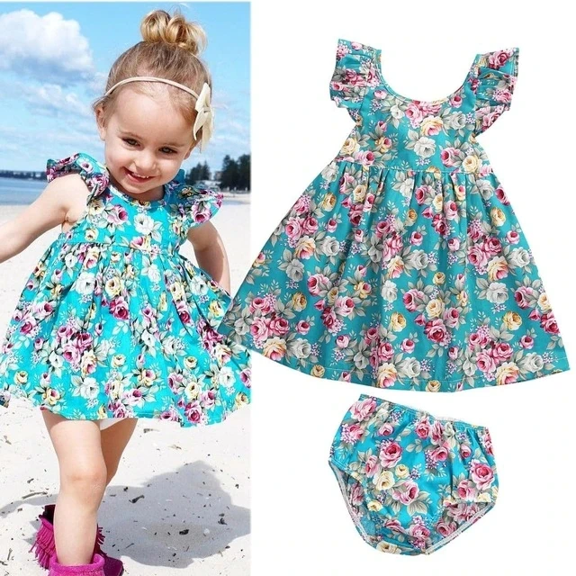 

Baby Dress Lovely Summer Infant Baby Girl Ruffle Floral Dress Sundress Briefs Outfits Minnie Dress + Brief PP Pants Clothes Set