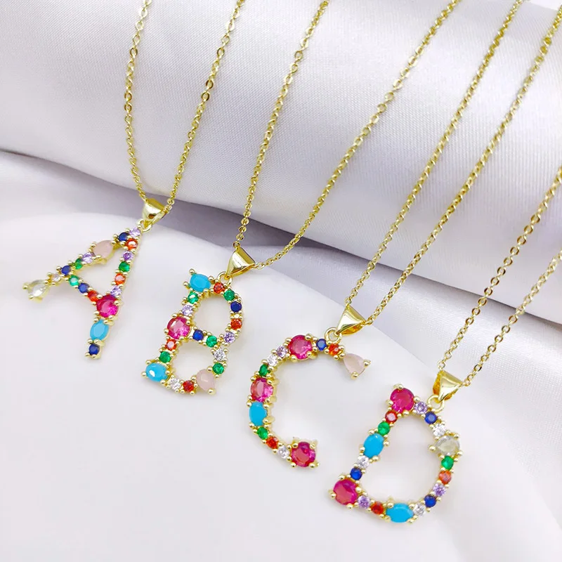 

Fashion Gold Plated 26 Words Pendant Necklace Jewelry Colorful Gemstone Zircon Crystal 26 English Letter Necklace For Women