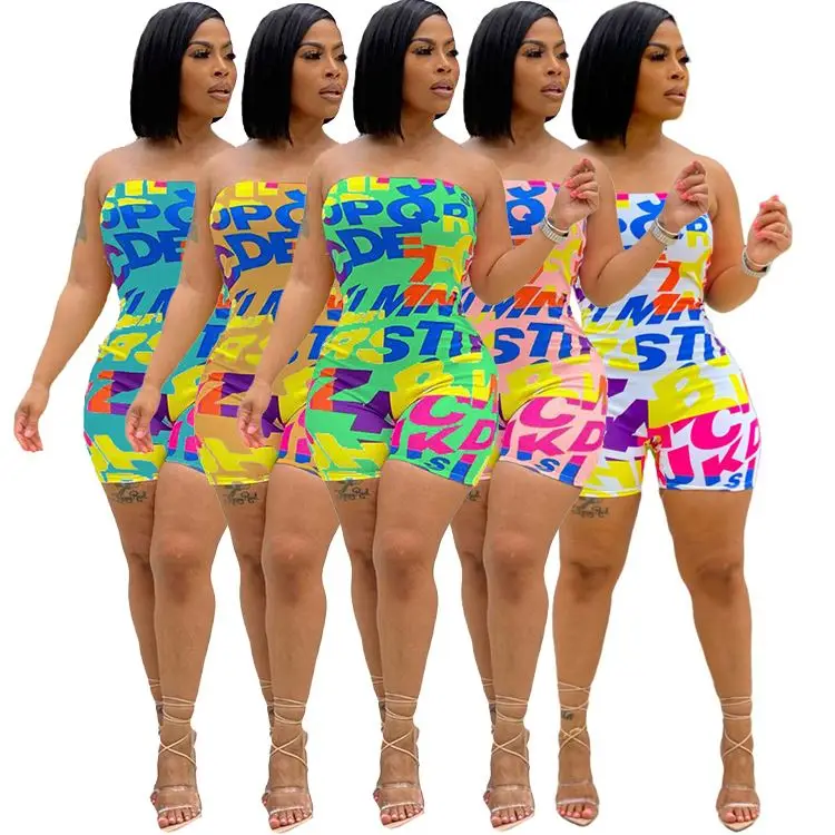 

LXE Best Seller 2021 Summer Sexy Strapless Elastic Ladies Bodycon Jumpsuits Letter Print Short Rompers Women One Piece Jumpsuit