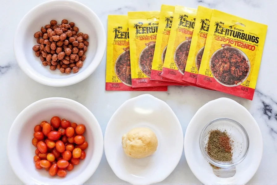 Bear Creek Chili seasoning packets arranged neatly with ingredients for preparation