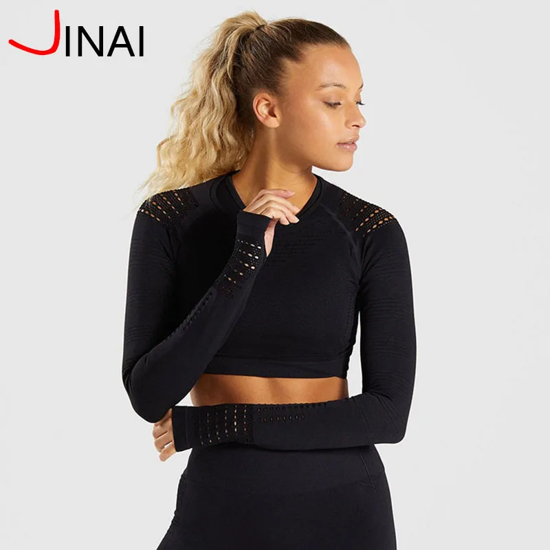 
Apparel Stock Ready To Ship Sports Clothing Women Seamless Crop Top Quick Dry Thumb Hole Long Sleeve 