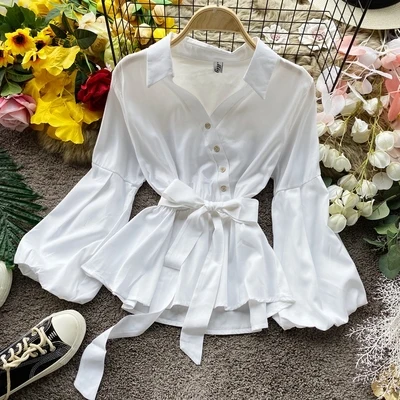 

2020 New Fashion Women Long Sleeve Chiffon Blouse Tops With Belt