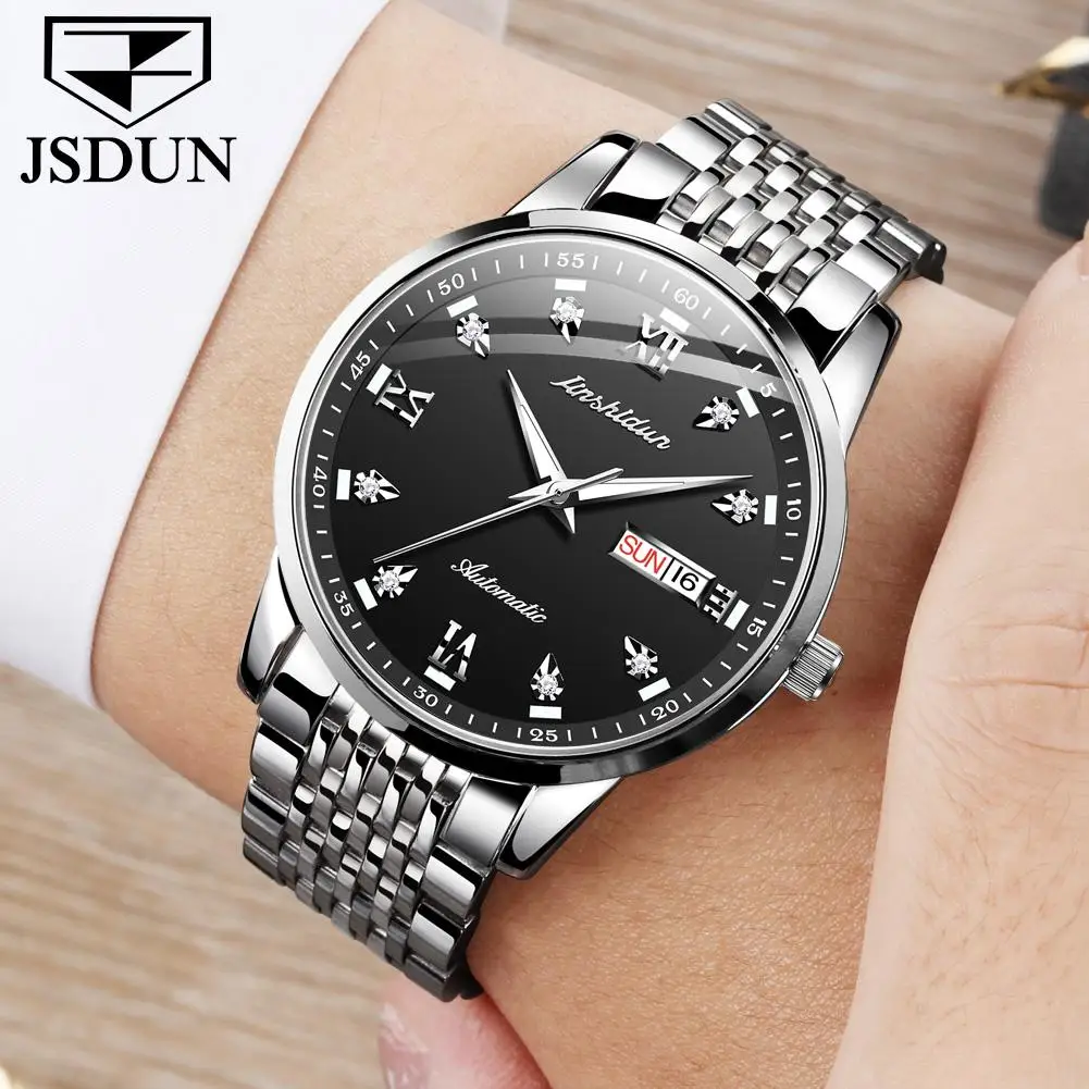 Men Watch JSDUN Luxury Brand Diamond Stainless Steel Band Mechanical WristWatch Montre Homme Date WaterProof Clock
