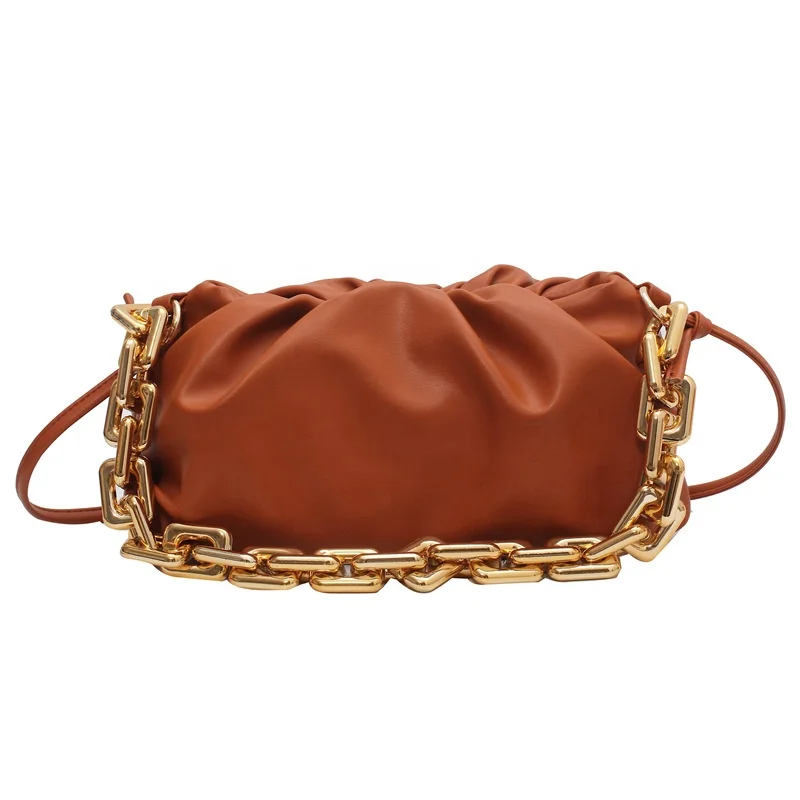 

2021 Fashion Solid PU Leather Ladies Handbag Big Size Cross Shoulder Purse Thick Chain Handle Womens Ruched Cloud Bag