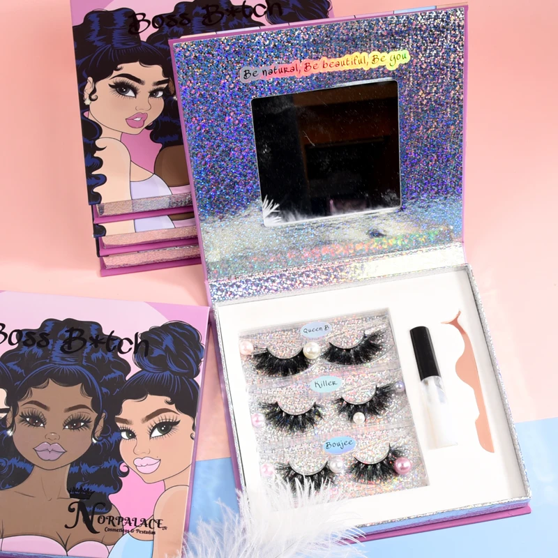 

3d mink eyelashes vendor wholesale eyelashes mink 3d custom glitter pink eyelash packaging box, Natural black