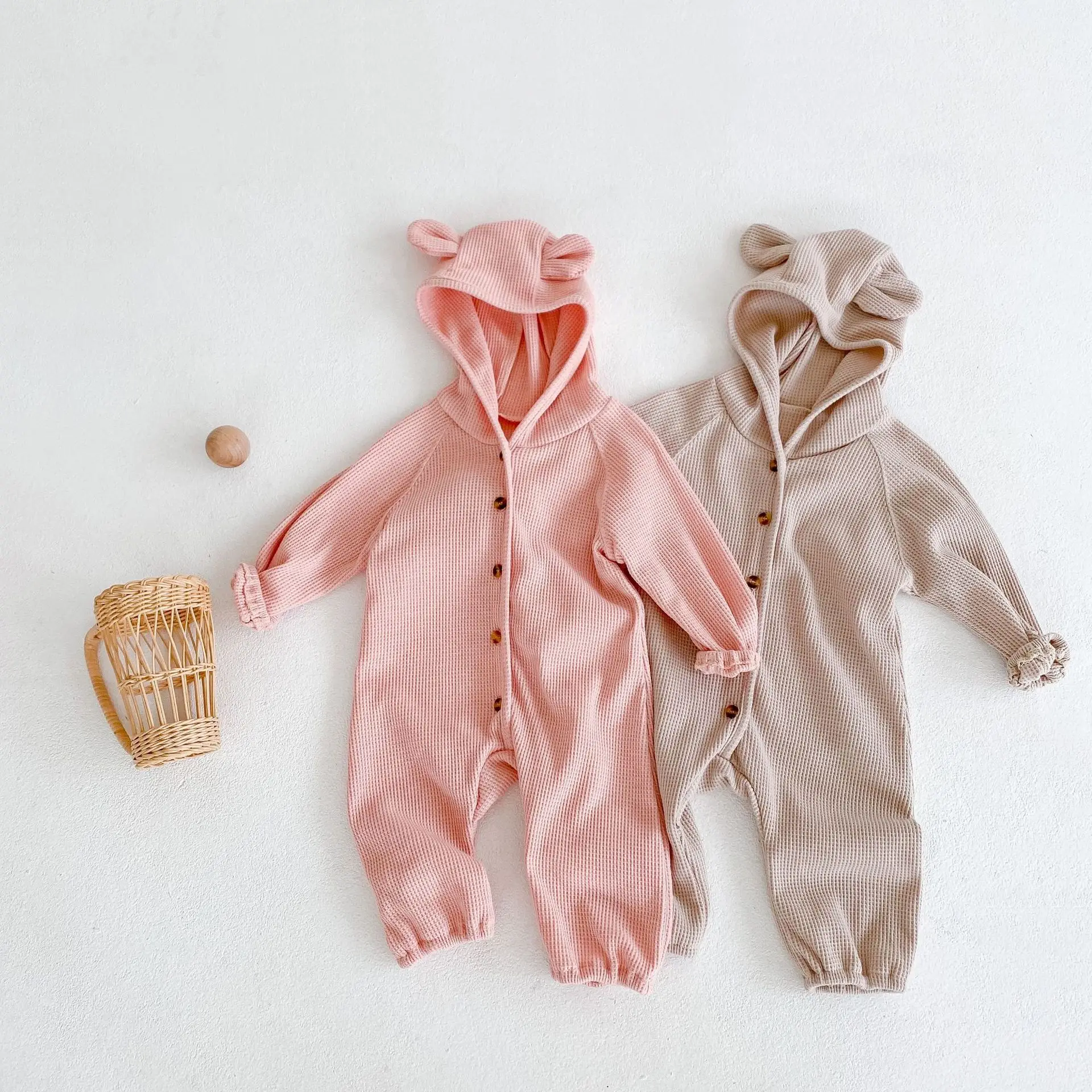 

Autumn baby unisex cute waffle romper long sleeve bear ear hooded jumpsuits, Solid
