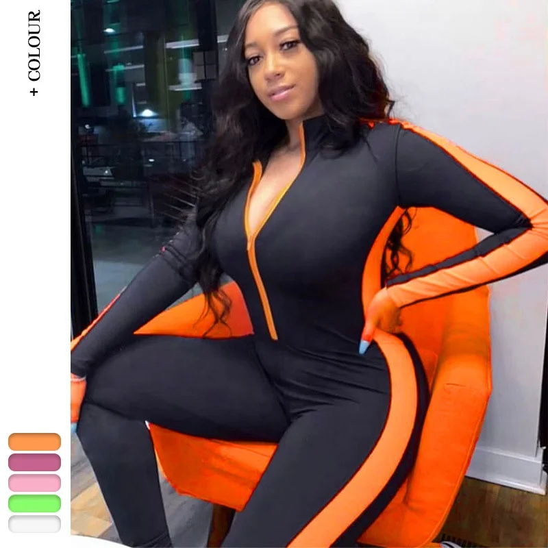 

2021 New Custom Color Patchwork Female Push Up Fitness Jumpsuits Rompers Autumn Winter Full Sleeve Zipper Jumpsuit, Customized colors