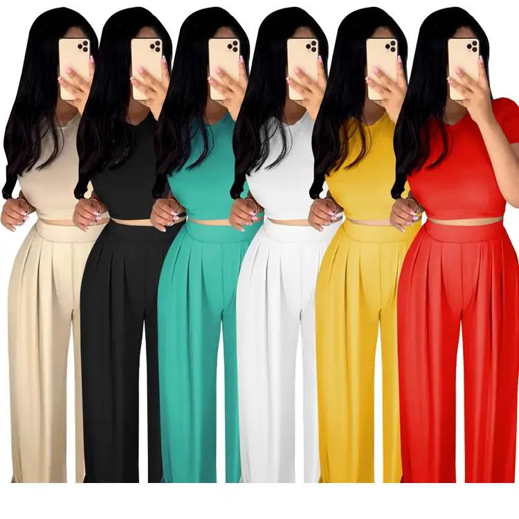 

Wholesale Lady 2 Pcs Crop Tops Wide Leg Pants Solid Color Tracksuit Summer Women Two Piece Set, Picture
