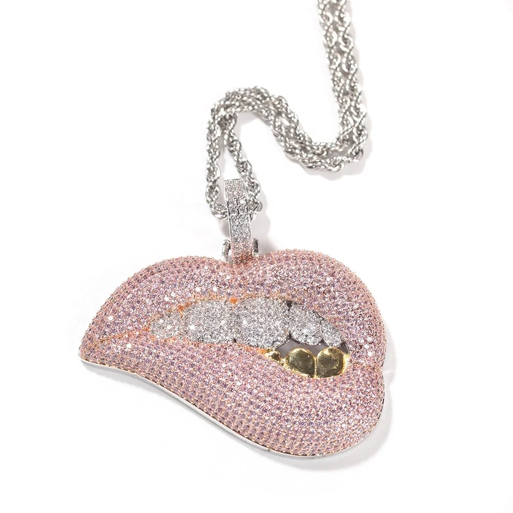 

Hip Hop AAA Pink Zirconia Lips Sexy Women Lip Pendant Charm Jewelry Necklace