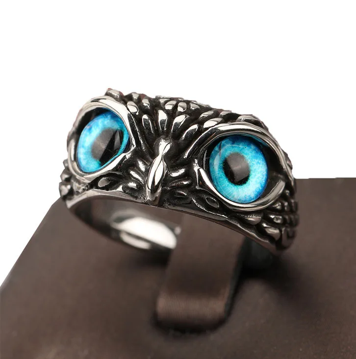 

US Hot Sales 18K Gold Plated Ins Retro Stainless Steel Blue Eyes Owl Ring