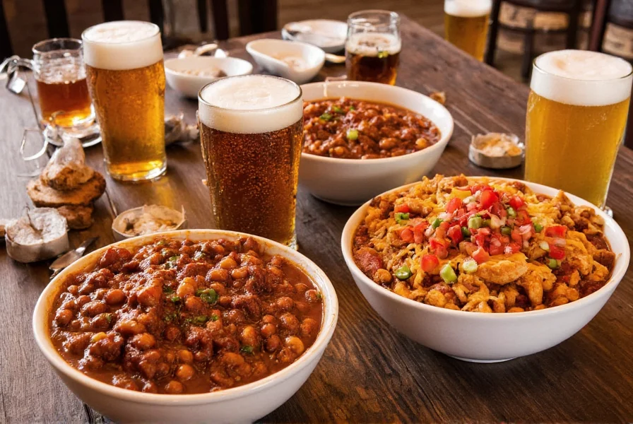 Chili bowls with different beer styles showing proper serving temperatures and glassware
