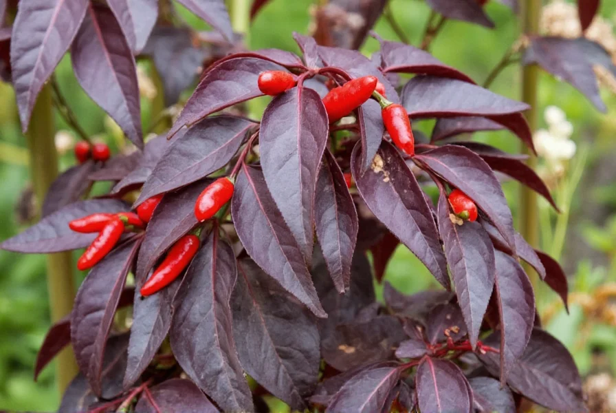 Close-up of Gotham Ivy Pepper plant showing purple-black leaves and upright red peppers in garden setting