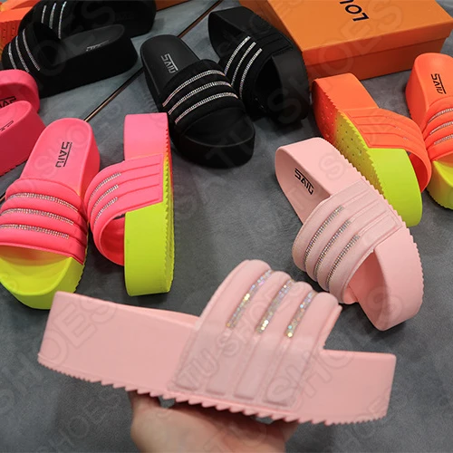 

Hot Selling Diamond lady high heel sandals outdoor platform slippers rhinestones strap neon rainbow summer wedge lady slides