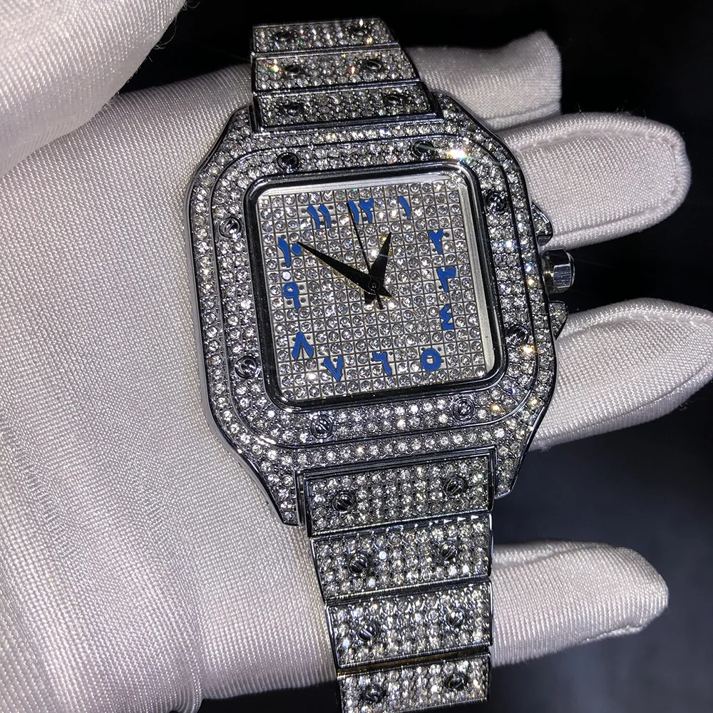 

2021 Hot Sale Pink Blue Mix Color Square Watch Fashion Hip Hop Quartz Diamond Watch for Men Iced Out Rapper Square Watch