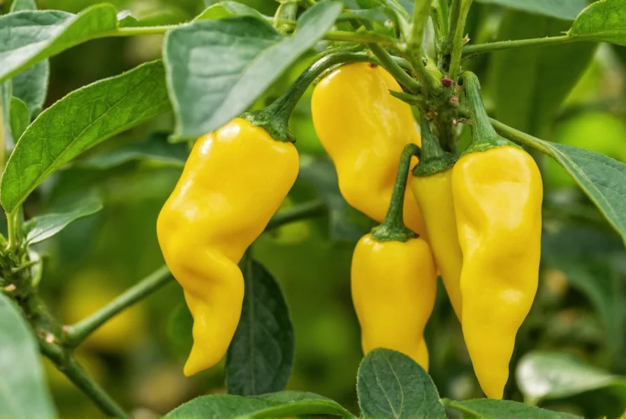 Home garden with thriving yellow chili pepper plants showing different ripening stages