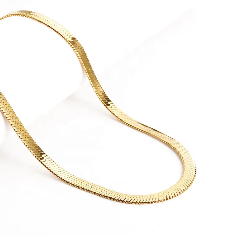 

Stainless Steel Jewelry Gold Plated High Polish Flat Herringbone Chain Necklace With Lobster Clasp