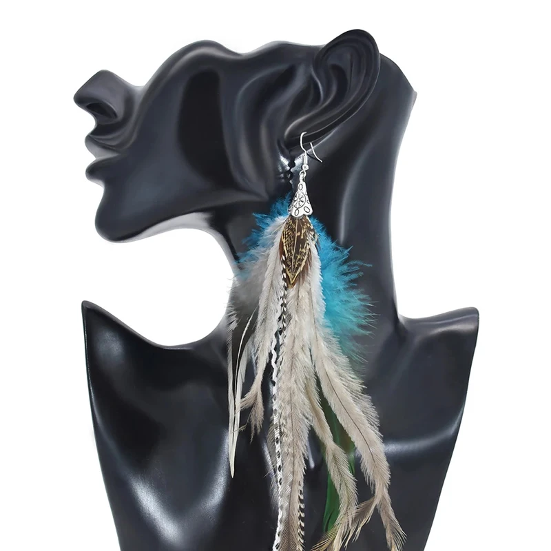 

New Style Alloy Plated Gold Boho Jewelry Statement Blue Feather Long Tassel Earring Drop Earrings For Women, Colorful