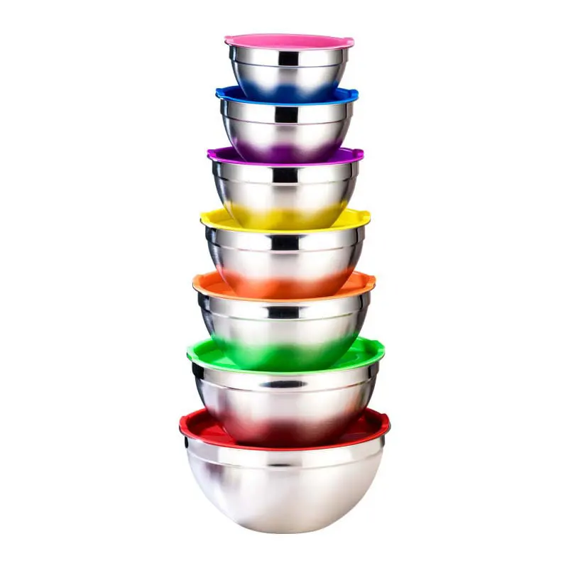 

Hot selling salad bowl beat eggs basin mixing bowl set Stainless steel serving mixing bowls with lid, Silver