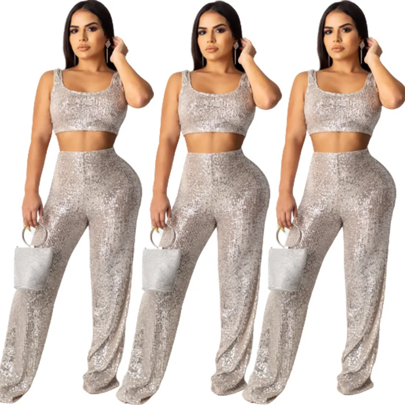 

2021 womens Latest Fashion Trends Clothing sequin Crop Top And Long Pant Outfits Set 2 Two Piece Pants Set For Women, Photo color