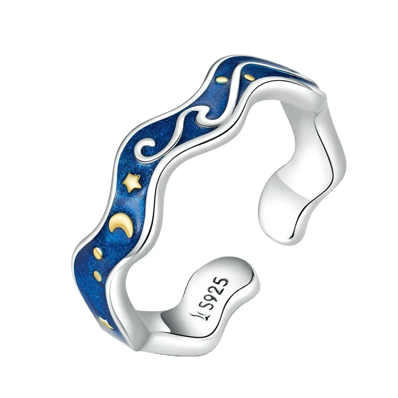 

Original Van Gogh Starry Sky 925 Silver Ring Women Open Fashion Cross-border White Plated Real Gold DIY Ring, Sky blue