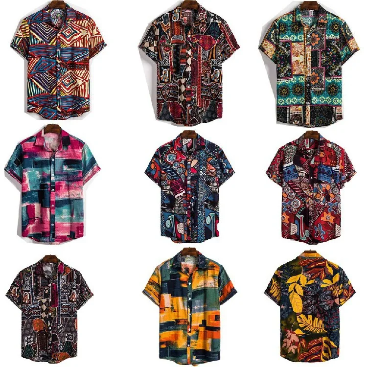 

Summer new style short-sleeved linen shirt ethnic style floral printed men's shirts