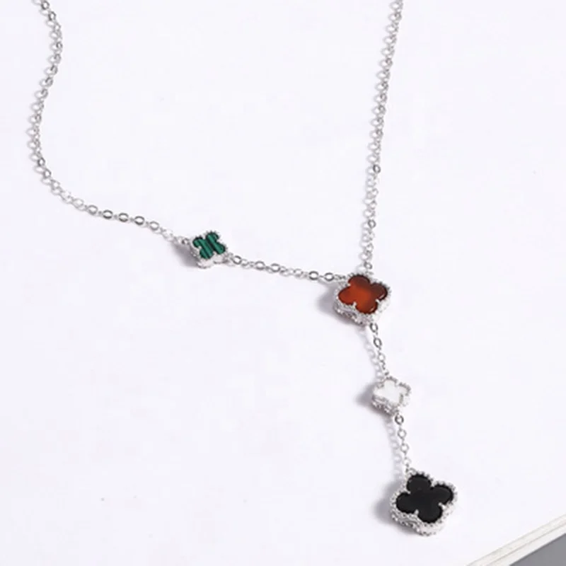 

Lucky clover Necklace motifs Jewelry Real 925 Silver Diamond Five-leaf Clovers gemstone necklace Red Agate Malachite necklaces