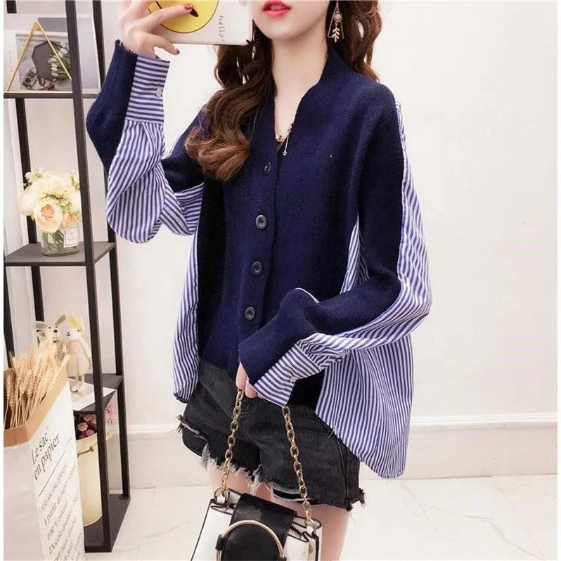 

B61083A Latest shirt patchwork cardigan girl wear sweaters outside the new college style autumn 2019, Gray/navy