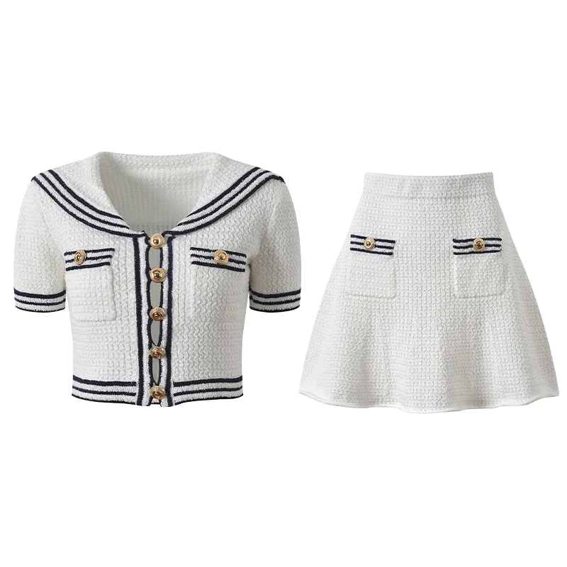 Tweed-Style Knit Set Preppy Style Knit Two-Piece Set Women Sailor Collar Short Sleeve Cardigan Top and A-line Skirt Set