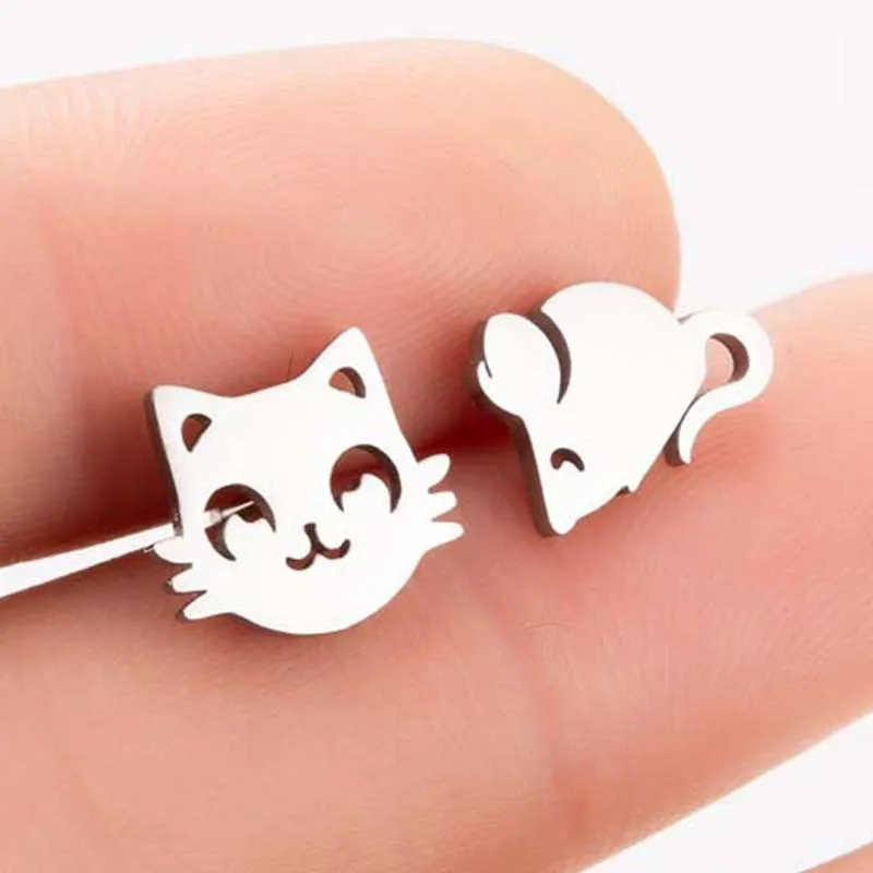 

Cute Simple Best Friend Stainless Steel Stud Design Irregular Cat And Mouse Animal Piercing Earrings
