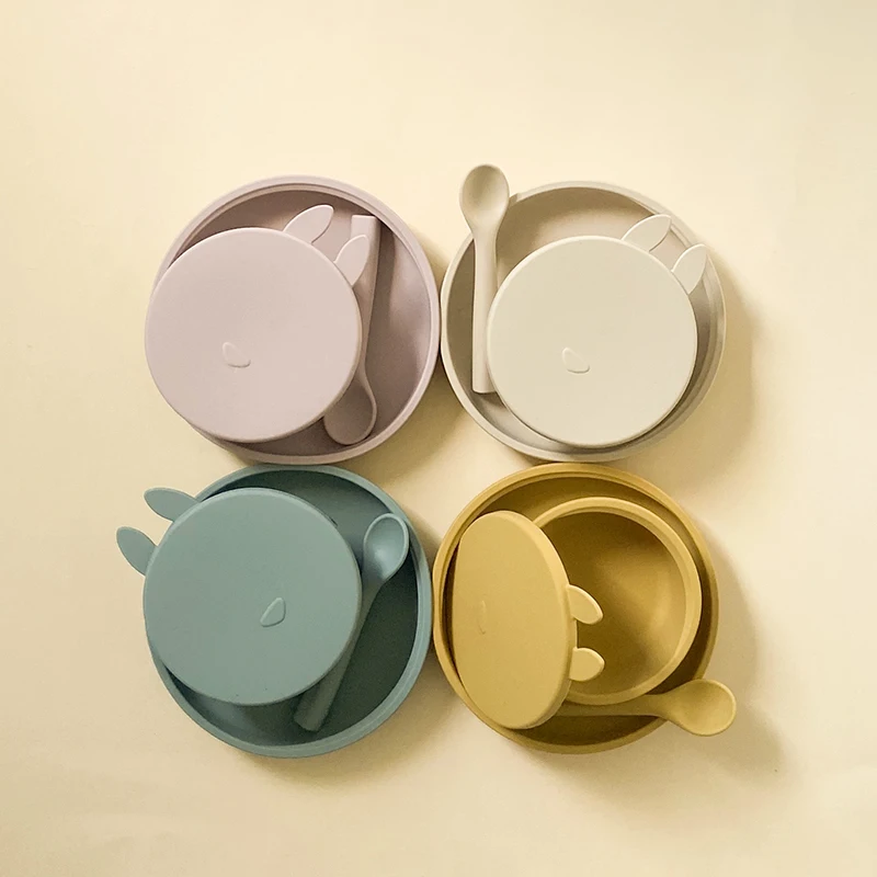 

Wholesale baby silicone BPA free feeding sets silicone baby tableware feeding set soft feeding set, Natural
