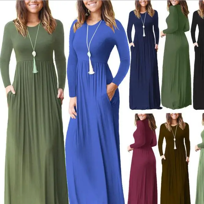 

Autumn women Maxi dress Long sleeve Plain color O neck A line Casual dress with pockets S-3XL