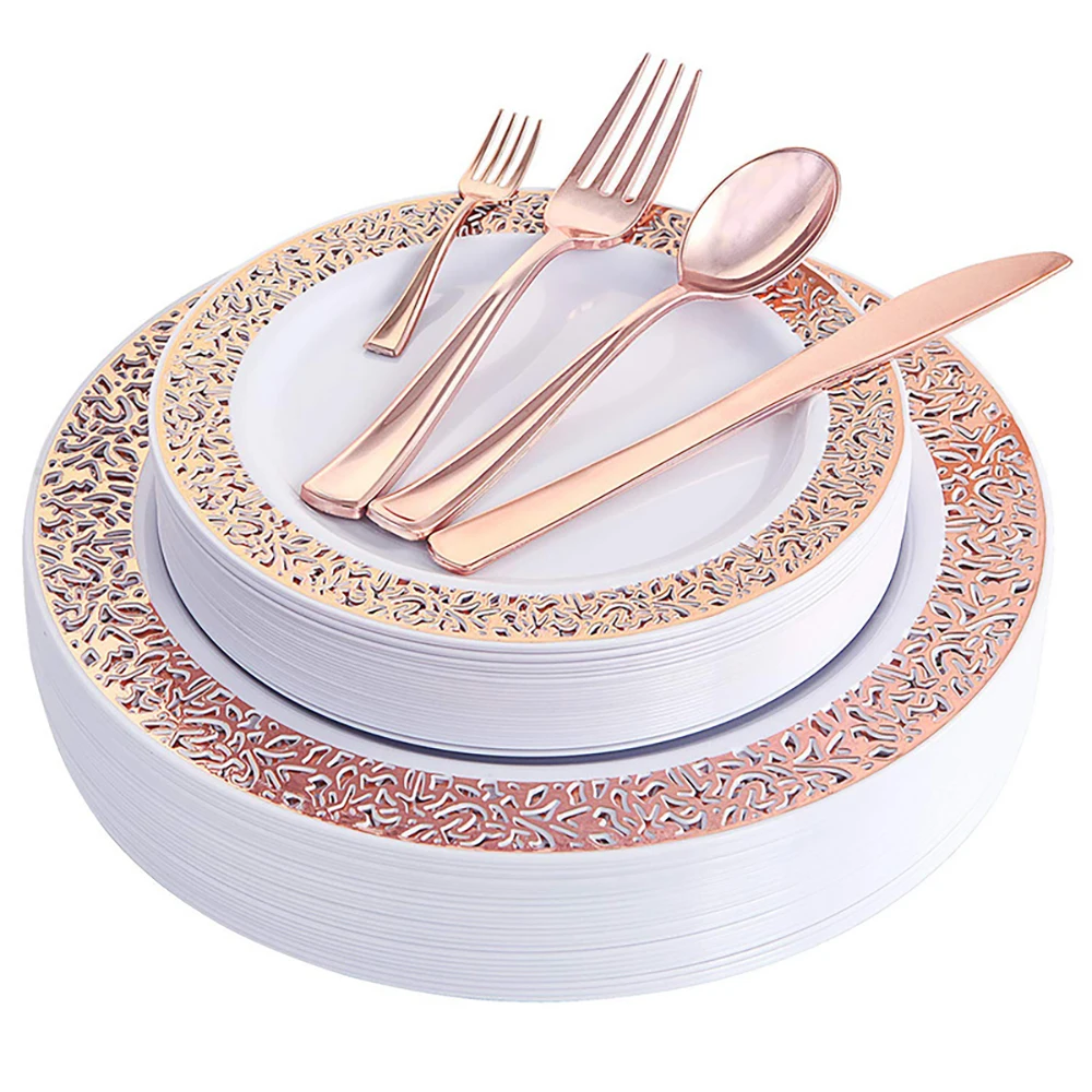 

Cuisine Popular Products 2021 Rose Gold Plastic Tableware Birthday Set And Disposable Plastic Plate Salad Fork Spoon