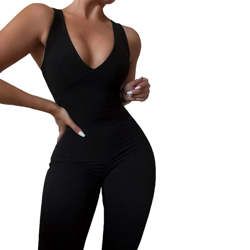 

Women sport wear one piece jumpsuit yoga bodysuit Sexy Low Cut Playsuit set, As picture