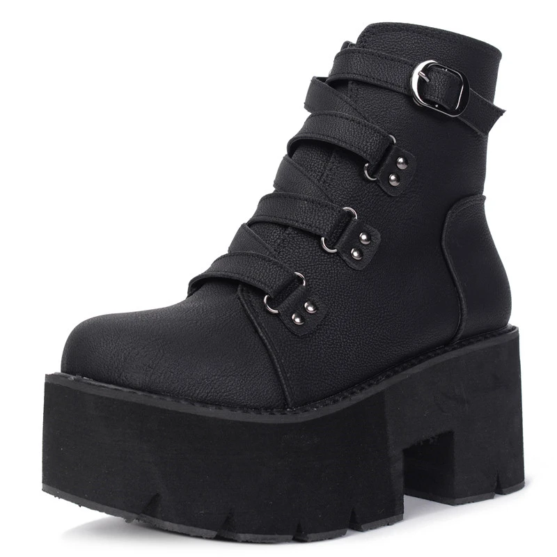 

Dropshipping Custom Logo 2021 Autumn Women Platform Boots Buckle Matte Black High Heels Shoes Lady Punk Style Footwear