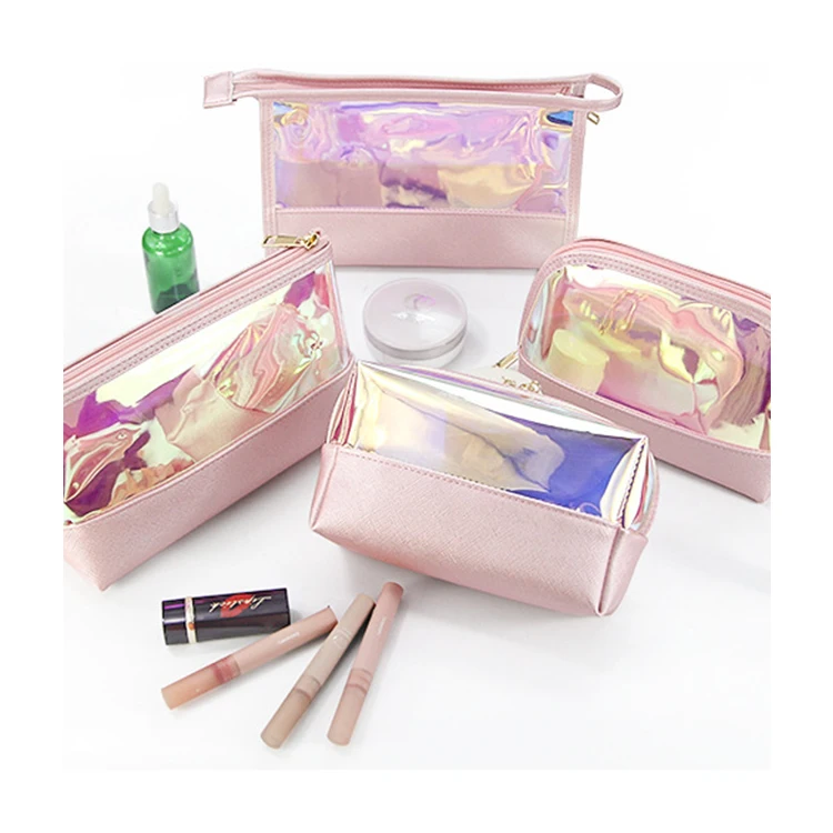 

Amazon Hot Selling Fold Up Custom Printed PVC Lady Holographic Laser Cosmetic Bag Transparent Pink Makeup Case Travel Bag, Customized