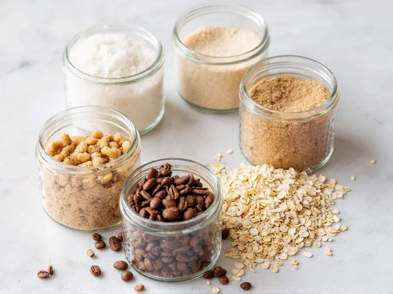 Natural exfoliator ingredients in glass jars: sugar, coffee, oats